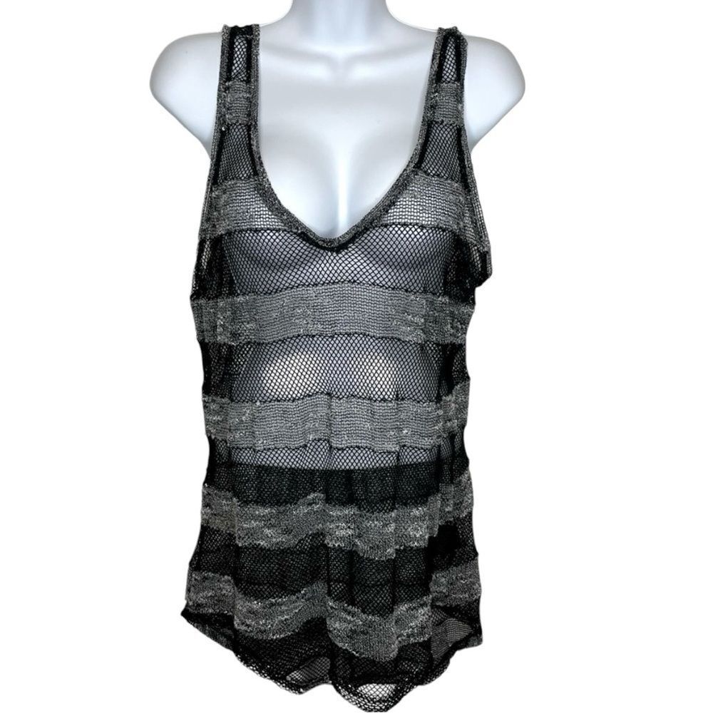 Guess See Through Mesh Sleeveless Striped Shirt Black and Gray Size Large